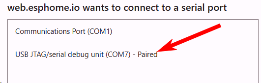 หน้าต่างเลือกพอร์ตของ web.esphome.io หลังกด Connect