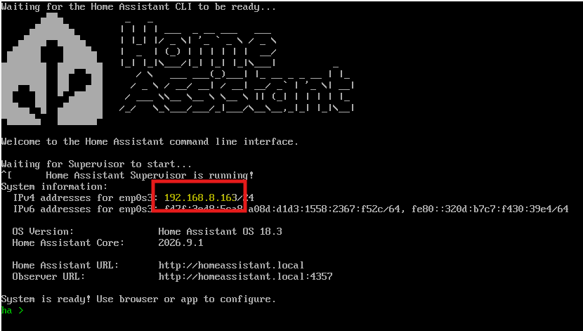 หน้าจอเครื่อง Farm Workshop เมื่อเปิดเสร็จแล้ว มีกรอบสีแดงเน้นหมายเลข IP ในบรรทัด IPv4 addresses